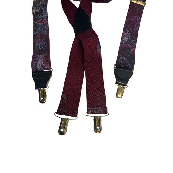 Pelican USA Adjustable Burgundy Suspenders With Colorful Feather Pattern & Gold- - Picture 5 of 6